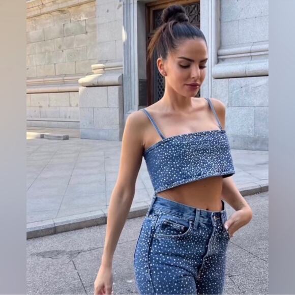 Zara Tops - Zara Blue Denim Rhinestone Embellished Crop Top